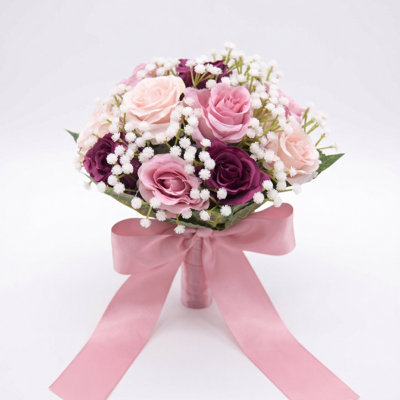 Artificial Rose & Baby's Breath Bridal Bouquet - Realistic Silk Flowers With Satin Ribbon, Multi-Color Options For Weddings & Home Decor