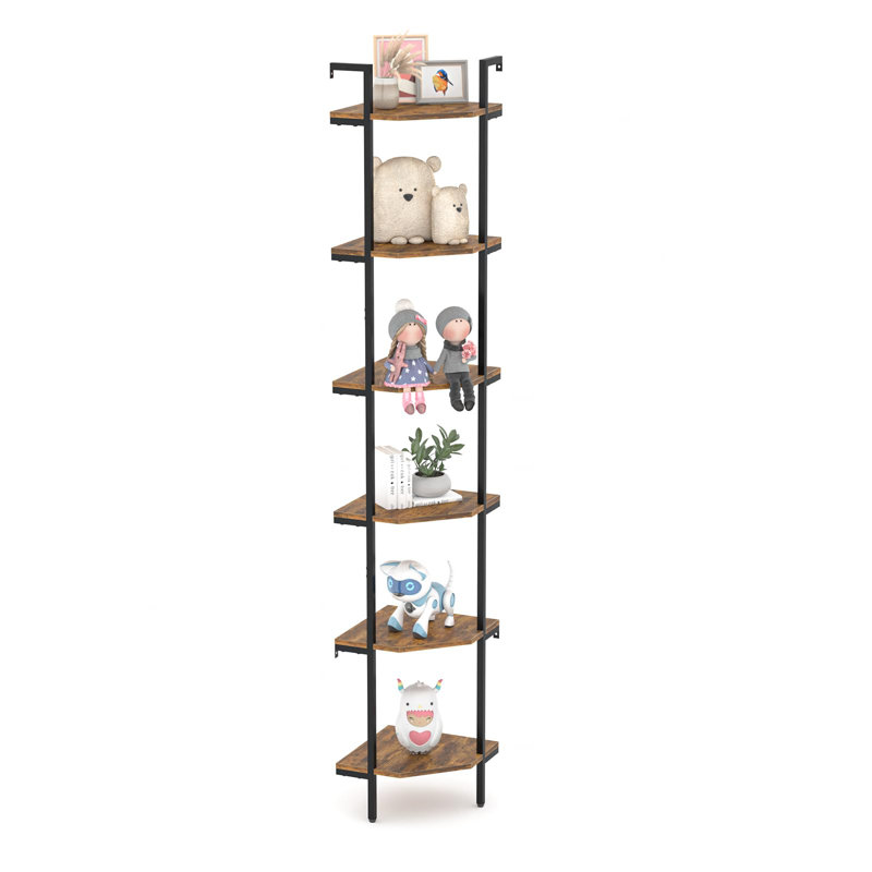 Brown Metal and Wood 6-Tier Corner Ladder Bookcase