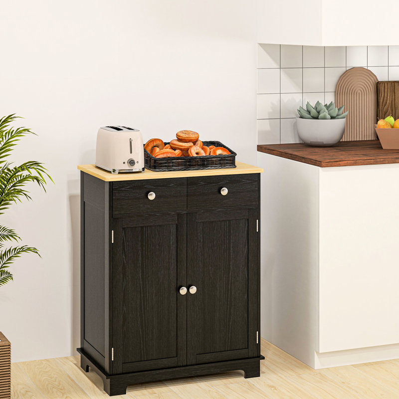 Distressed Black Sideboard With Doors - Solid Wood Countertop, 2 Drawers, Adjustable Shelf For Kitchen Storage Modern Doors, In Color