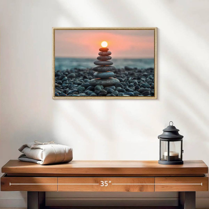 Zen pile au coucher du soleil, 19 po x 13 po, Cadre flottant en bois naturel