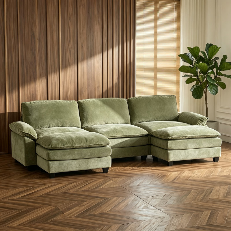Shugar Solid and Manufactured Wood U-Shaped Sectional, Green Chenille