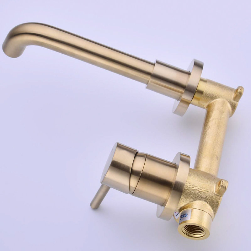 Brushed Gold Wall Mount Bathroom Faucet - Contemporary Curved Edges For Stylish Single Handle With Metal Hardware 2 Installation Holes Required In Design Aerator 360-Degree Rotating Spout And 2.17''
