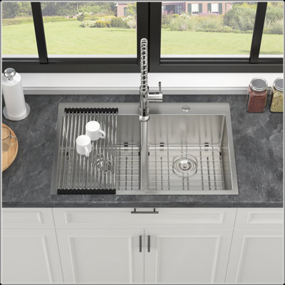 Double Bowl 50/50 Drop-in Kitchen Sink - 33x22x10 Stainless Steel, 16 Gauge with Deep Basins and Soundproofing
