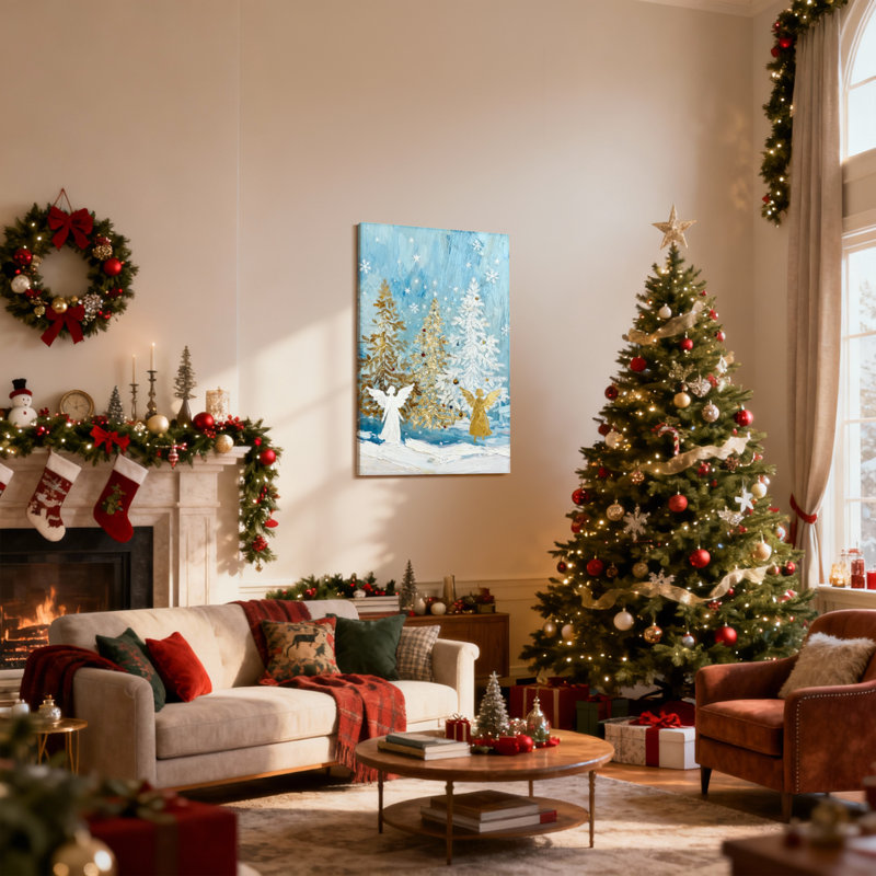 Scène de Noël avec des anges et des arbres, ensemble de 3 impressions sur toile, H 30 po x l 20 po