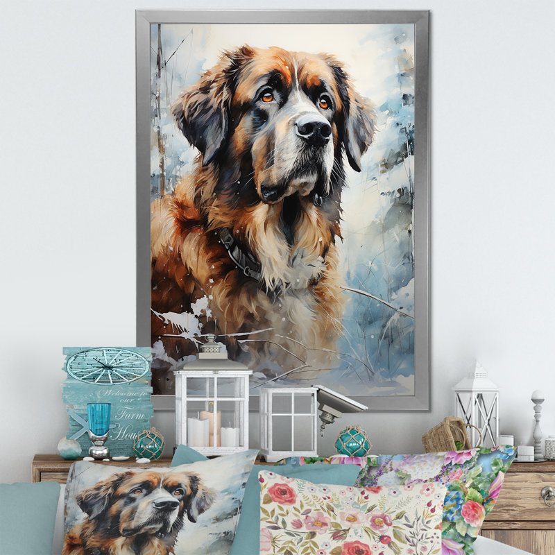 Saint Bernard Serenity IV sur toile, Cadre simple argenté, H 20 po x l 12 po x P 1 po