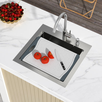 21'' L x 20'' W Drop-In Single Bowl Stainless Steel Kitchen Sink with Large Cover Plate and Faucet Soap Dispenser