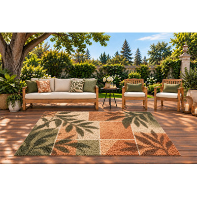 Tapis extérieur 5 pi x 7 pi, feuilles botaniques en terre cuite avec blocs géométriques, tapis à boucles en PVC imperméable, tapis à séchage rapide pour entrée de balcon