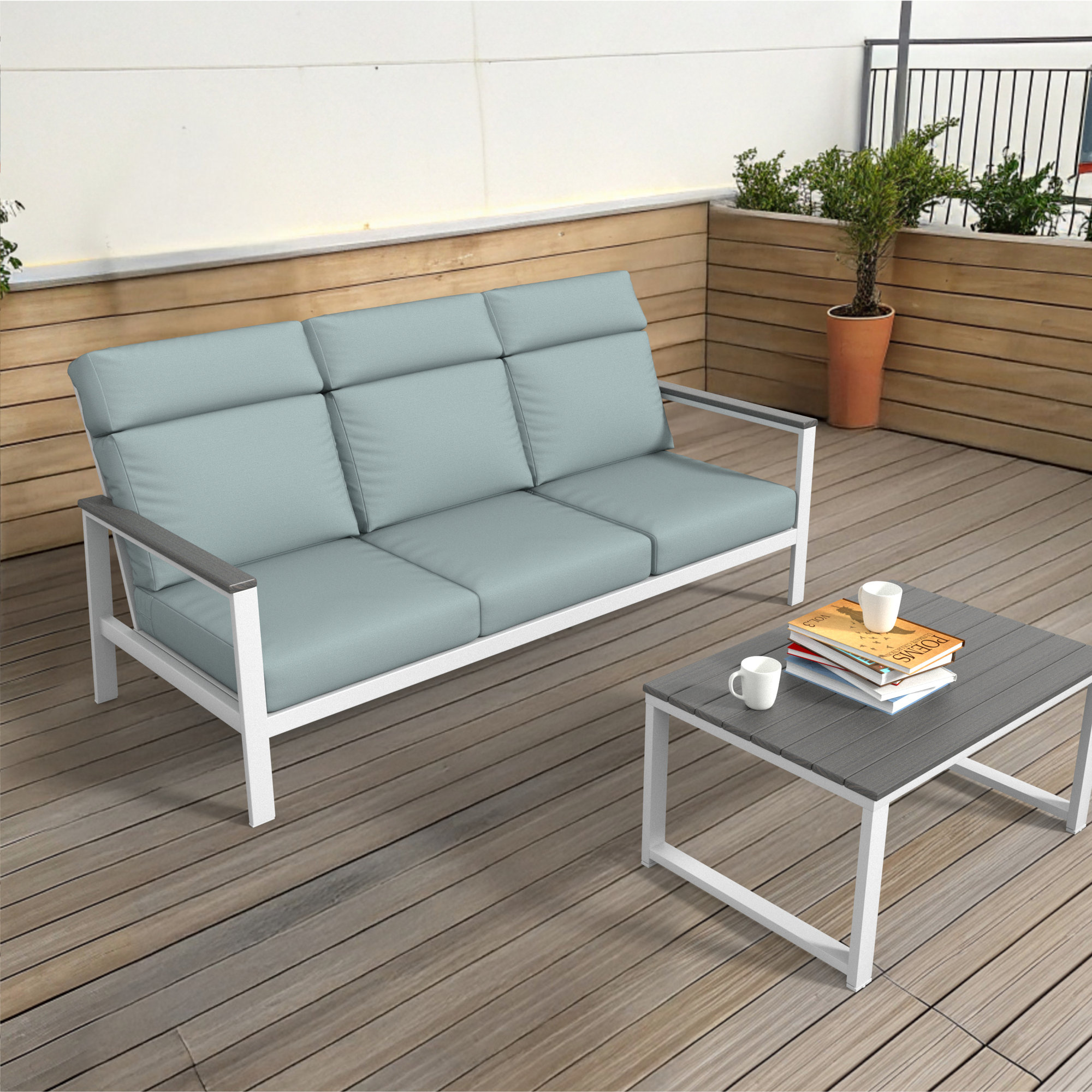 Townsend Metal Outdoor Sofa With Sunbrella Cushion, Solid Color, Bliss Dew