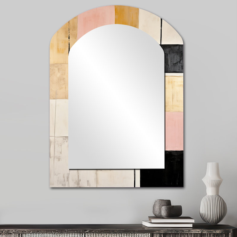 Rose et doré, cubisme de rêve - miroir asymétrique de formes abstraites, miroir mural décoratif arche rose, impression d'art en métal