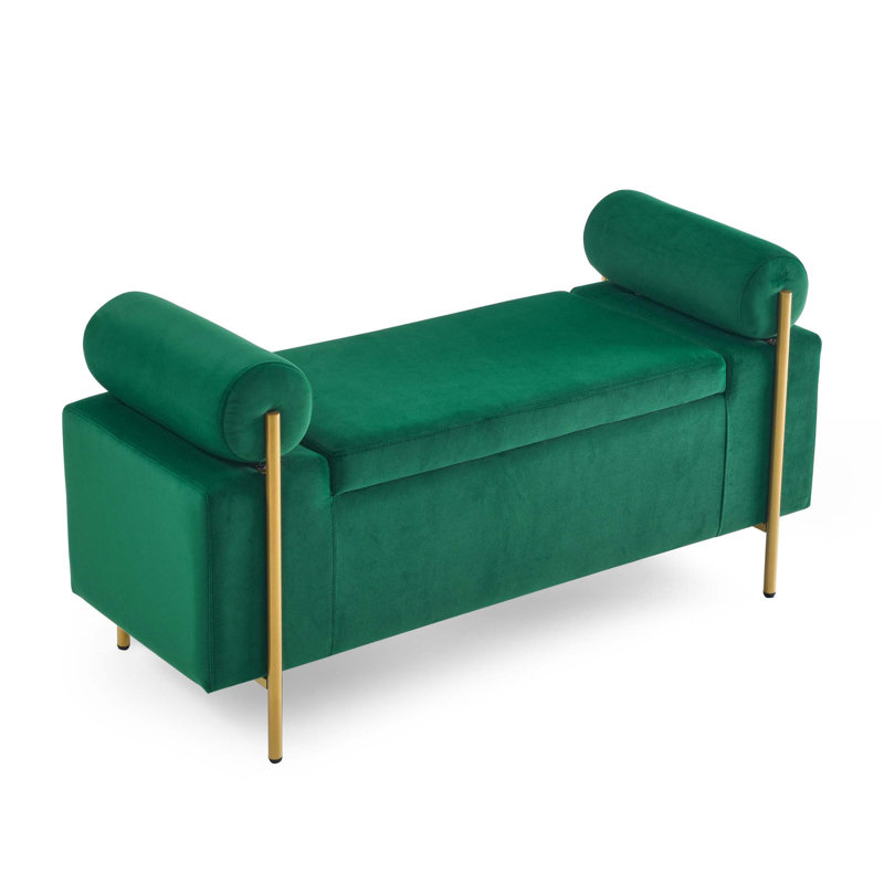 Upholstered Storage Bench, Green, Solid Wood