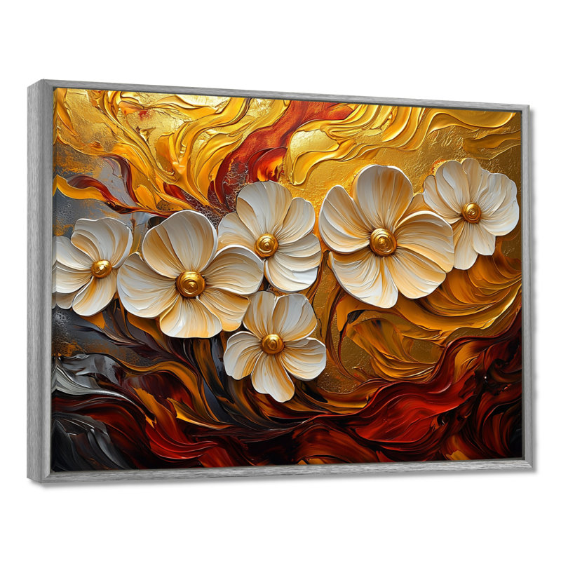 Fleurs rouges et dorées - Fleurs murales sauvages, H 12 po x l 20 po, Cadre flottant, Argent argent