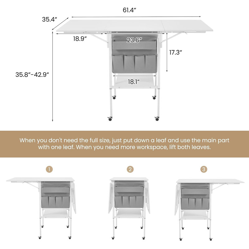 Table de couture et de coupe pliante réglable en hauteur avec étagères de rangement, organisateur de tissus et roulettes verrouillables