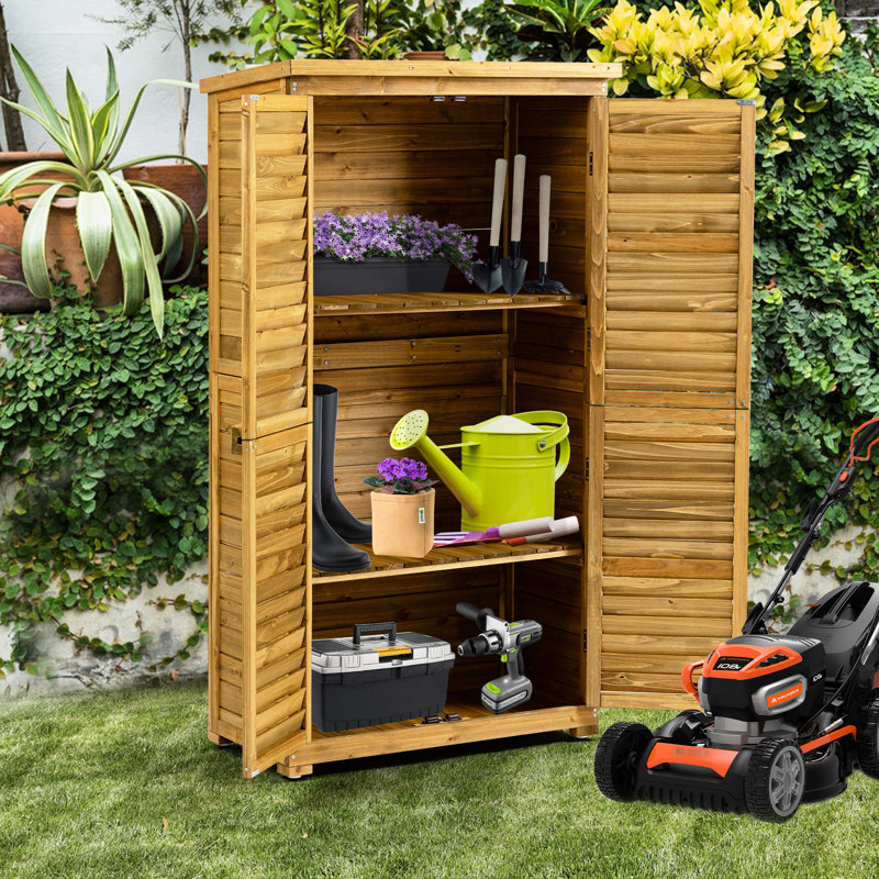 Abri de jardin en bois avec porte verrouillable, toit imperméable - 2 tablettes amovibles, structure stable, pour la pelouse, le garage, le patio, le rangement de la piscine, la cour en bois massif