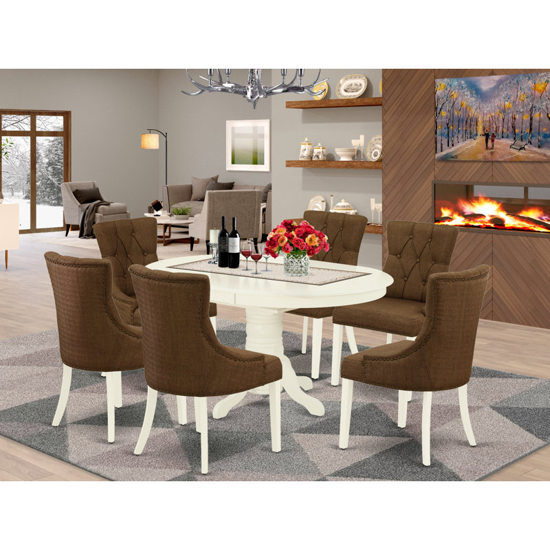 7 Piece Dining Table Set Consist of an Oval Dining Room Table with Butterfly Leaf and 6 Brown Linen Fabric Parsons Chairs, Linen White