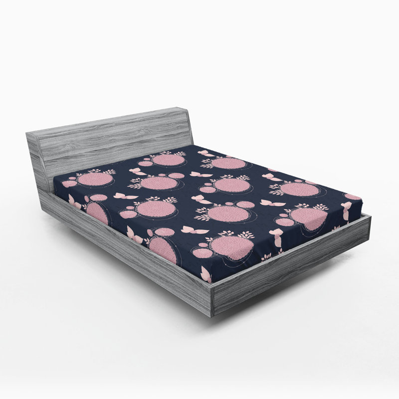 Ambesonne Springtime Fitted Sheet Hydrangea Bloom Leafy Pale Pink and Dark Indigo, Queen Fitted Sheet
