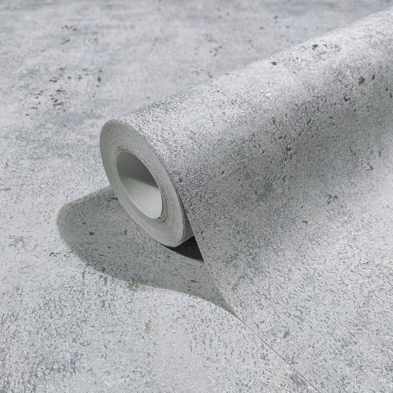 Textures Collection Industrial Distressed Plain Metallic Elements Finish Wallpaper Roll, Silver