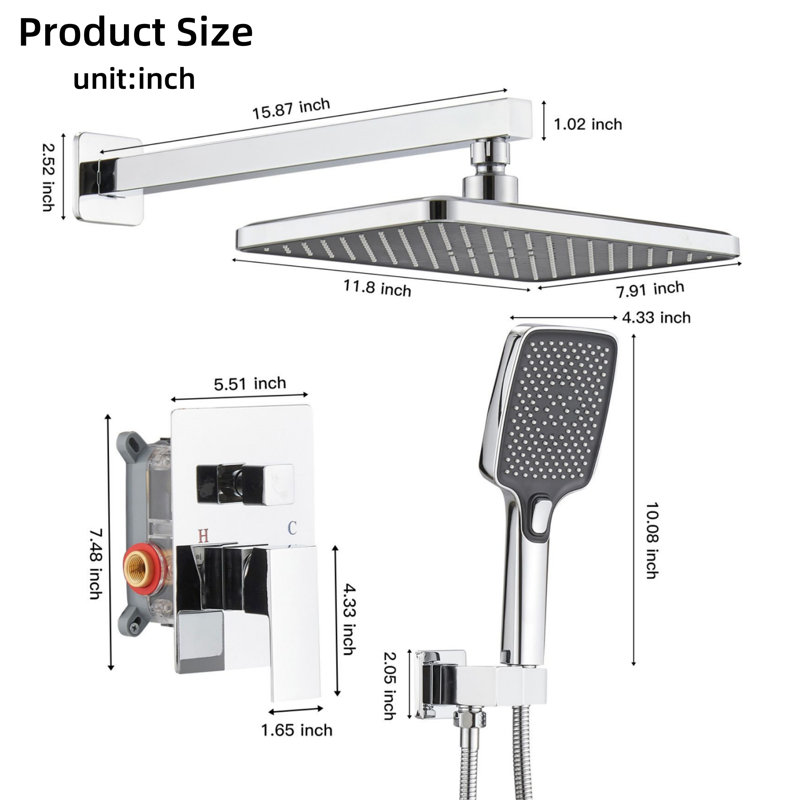 Polished Chrome Double-Handle Double-Spray 12-Inch Square High-Pressure Shower Faucet (With Valve), Polished Chrome 