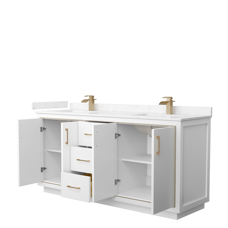 Icon 72" Double Bathroom Vanity Set, Satin Bronze, White, Carrara
