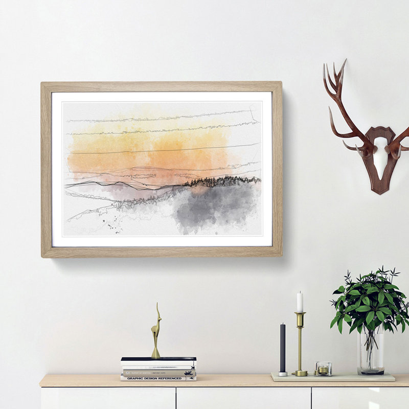Sunset View Sketch - Picture Frame Graphic Art Print, Oak Framed, 62cm H x 87cm W x 2cm D