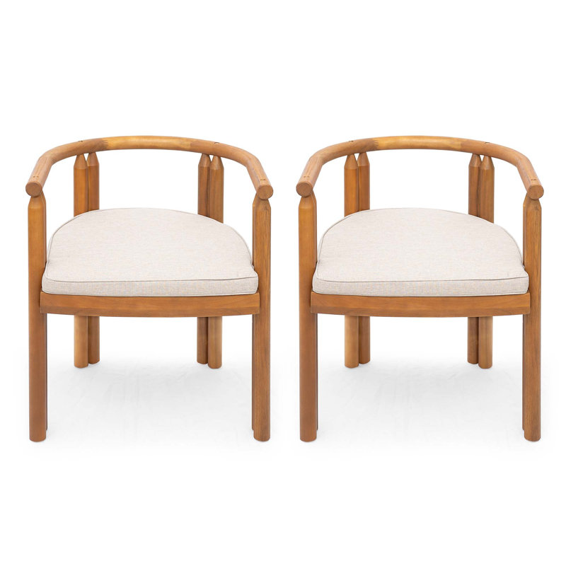 Chaise de salle à manger avec accoudoirs en bois d'acacia Cove, finition teck avec coussin beige, ensemble de 2