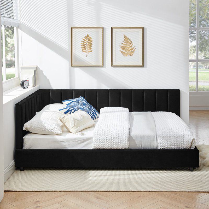 Lit de jour double avec dossier confortable et accoudoirs, velours noir, Noir