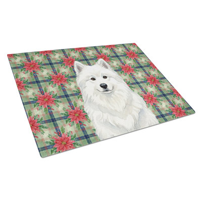 White Samoyed Christmas PoinsettIas Glass Cutting Board