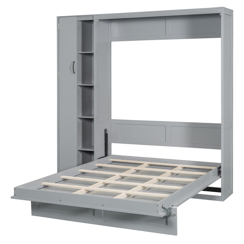 Lit escamotable double pleine grandeur avec tablettes, garde-robe et lumières DEL, Lit double, Gris clair