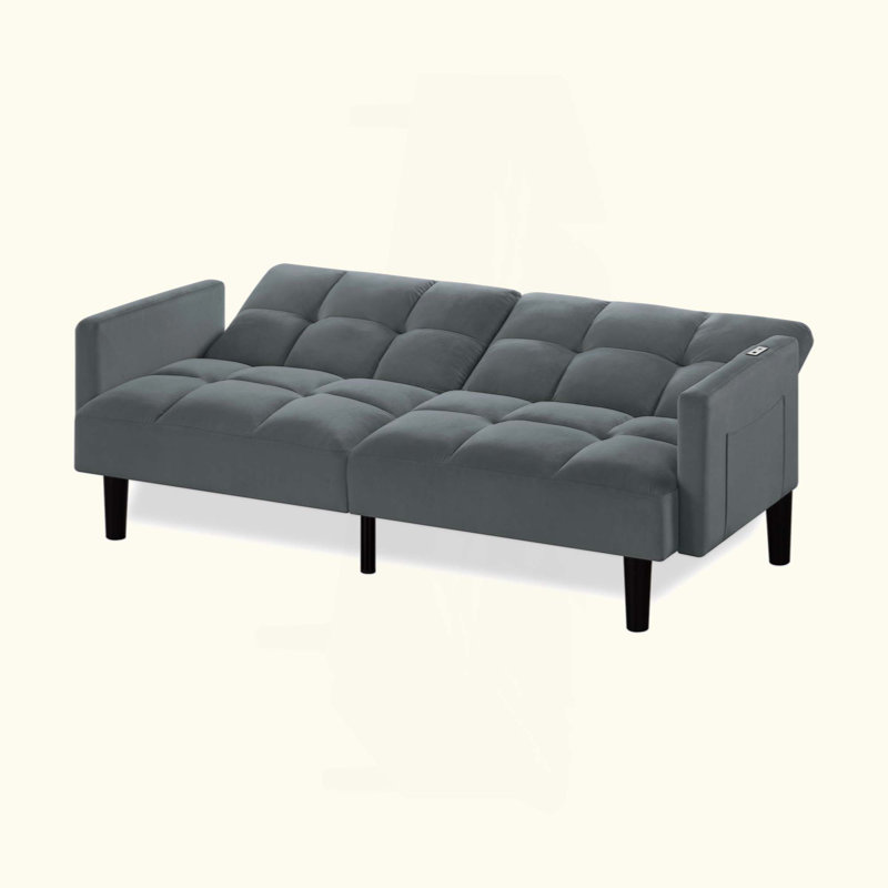 Velvet Futon Couch, Gris