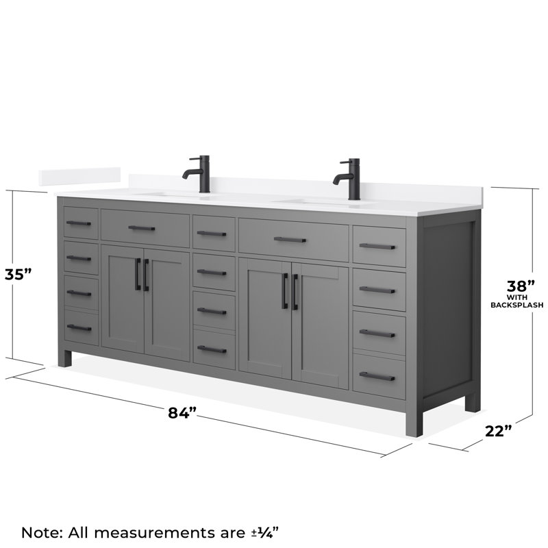 Beckett 84" Freestanding Double Bathroom Vanity with Quartz Top, Dark Gray, White Quartz, Matte Black