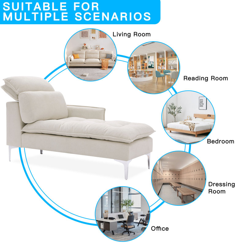 55" Upholstered One Arm Chaise Lounge Chair with Adjustable Headrests And Lumbar Pillow, Beige