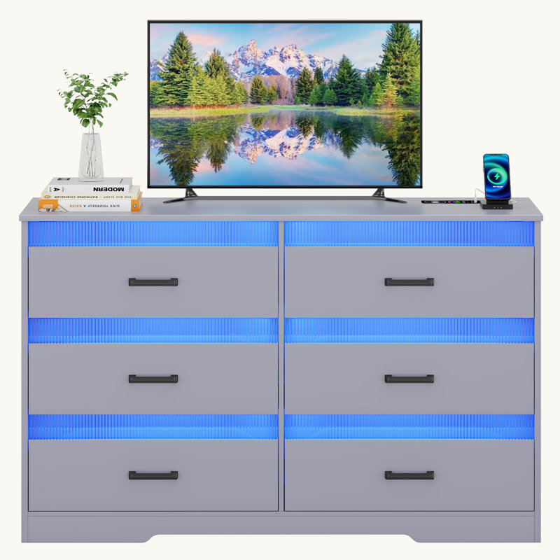 Commode 6 tiroirs avec lumière DEL et port USB, Gris