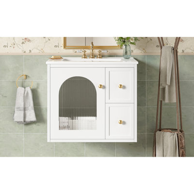Ensemble de meuble-lavabo mural 24 po pour petit espace, armoire de salle de bain avec lavabo en céramique, 2 tiroirs et 1 porte à fermeture en douceur