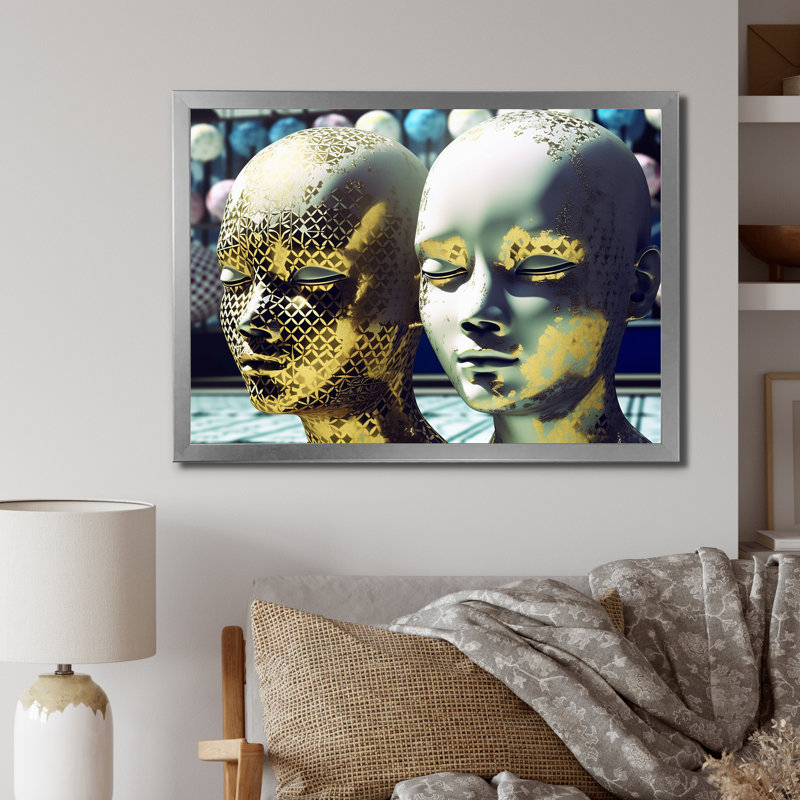 «Minimalisme Golden Sculpture Sci-Fi Woman» sur toile imprimée, H 24 po x l 32 po x P 1 po, Cadre photo argenté
