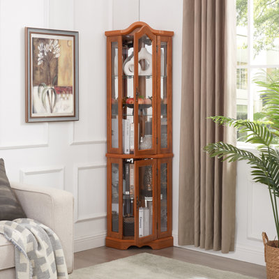 Vitrine de coin lumineuse avec portes et tablettes en verre trempé - rangement élégant en chêne pour le salon et la chambre à coucher - chêne