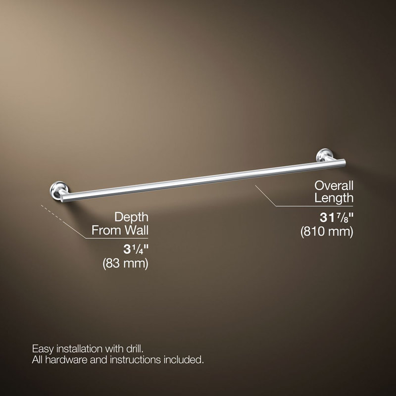 Purist 30" Wall Mounted Towel Bar, Polished Chrome, 1.88" H x 30" L x 3.25" D