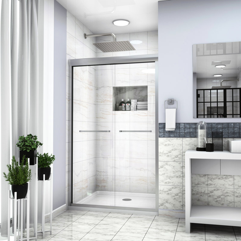 Porte de douche 48 po x 76 po, coulissante semi-by-pass, nickel brossé, verre trempé 3/8 po, concept de rénovation de salle de bain d'une épaisseur de 8 mm