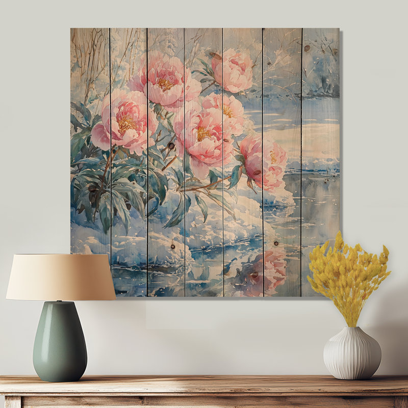 Pivoines par la rivière gelée III - Art mural en bois pivoines - sur bois de pin naturel, H 15 po x l 15 po x P 0,78 po