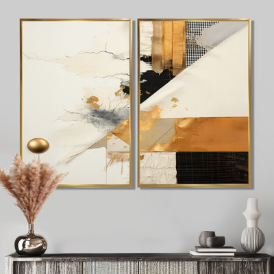 Collage abstrait gris et doré VI - Collages abstraits, 2 pièces