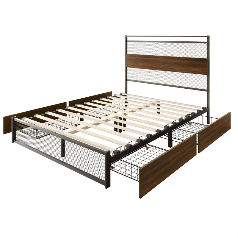 Lit plateforme double en métal avec rangement brun, Brun, Grand