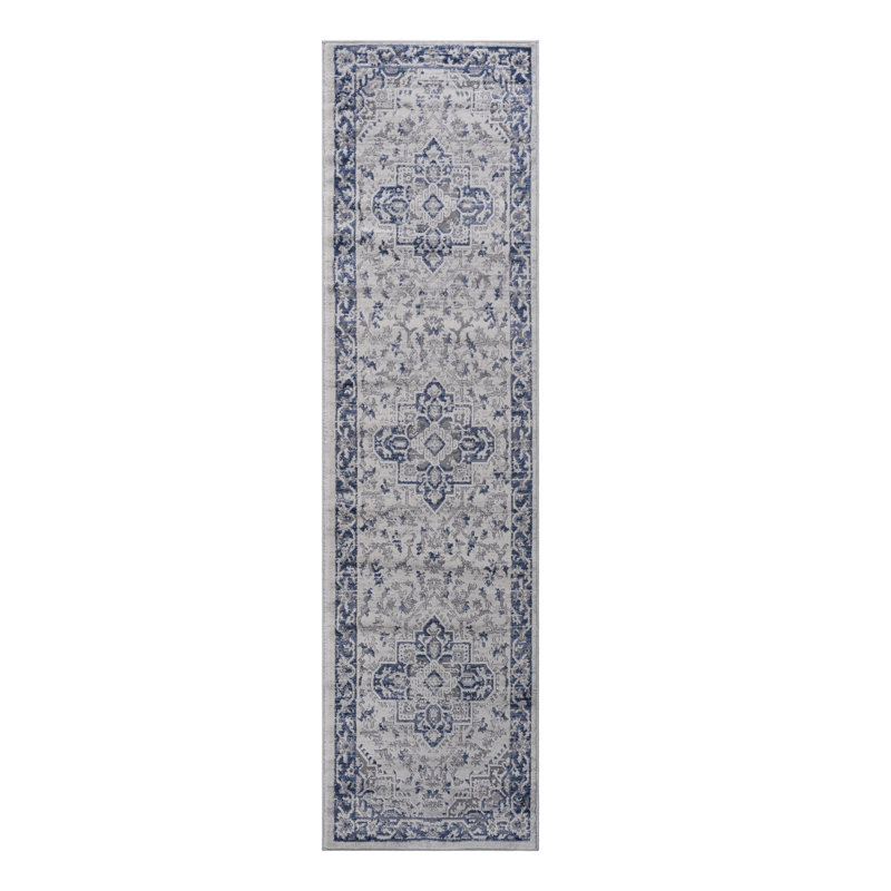 2X8 Blue / Grey / Oriental Runner Rug, Runner 2'2" x 8'