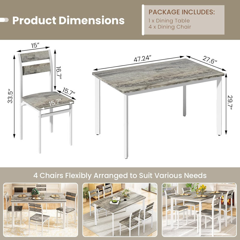Ensemble de 5 chaises de table de cuisine, ensemble de table de salle à manger pour 4 personnes, ensemble de table de salle à manger rectangulaire avec quatre chaises et plateau en bois, ensemble de table de salle à manger avec dossier pour les petits 
