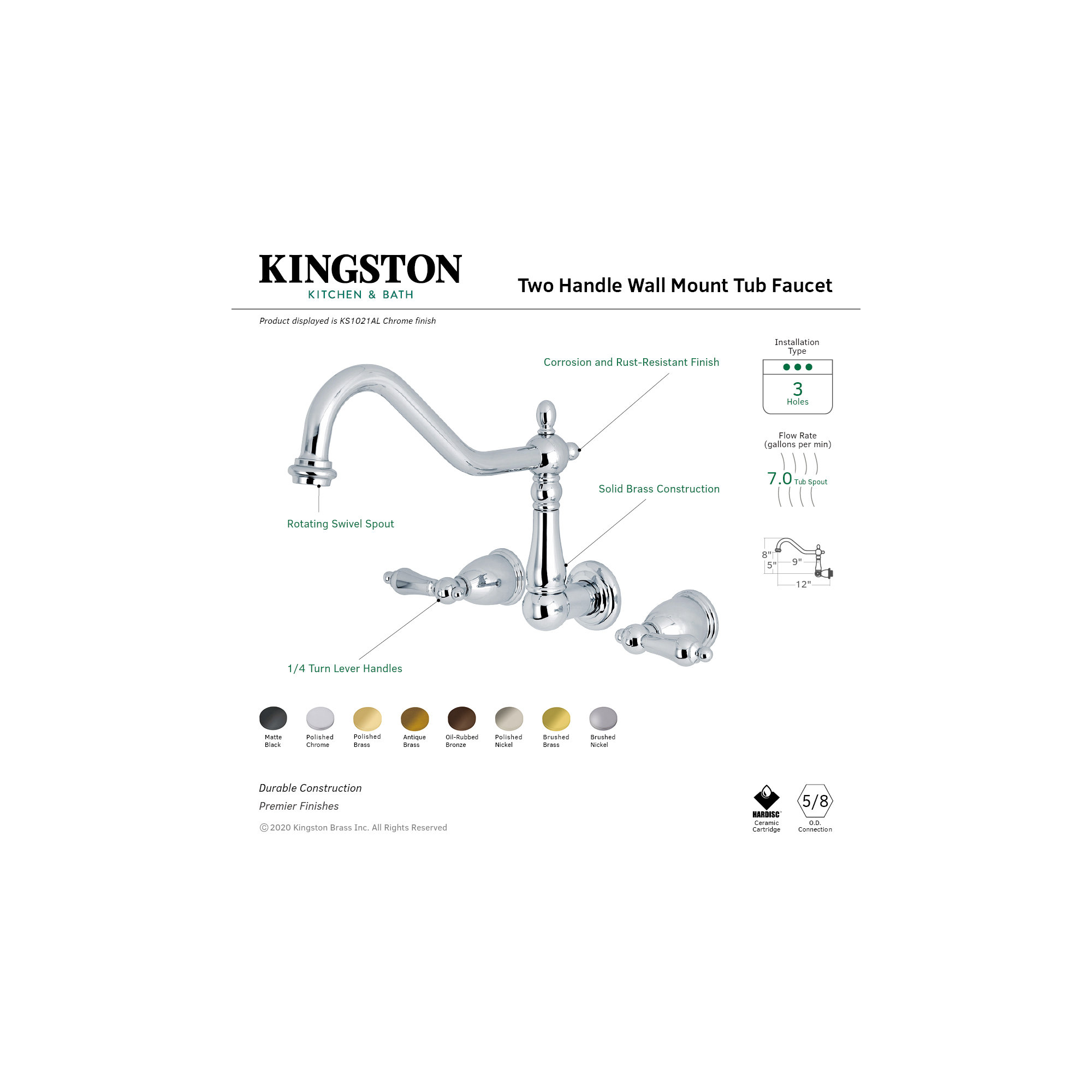 Kingston Brass Heritage Two-Handle 3-Hole Wall Mount Roman Tub Faucet, Polished Nickel