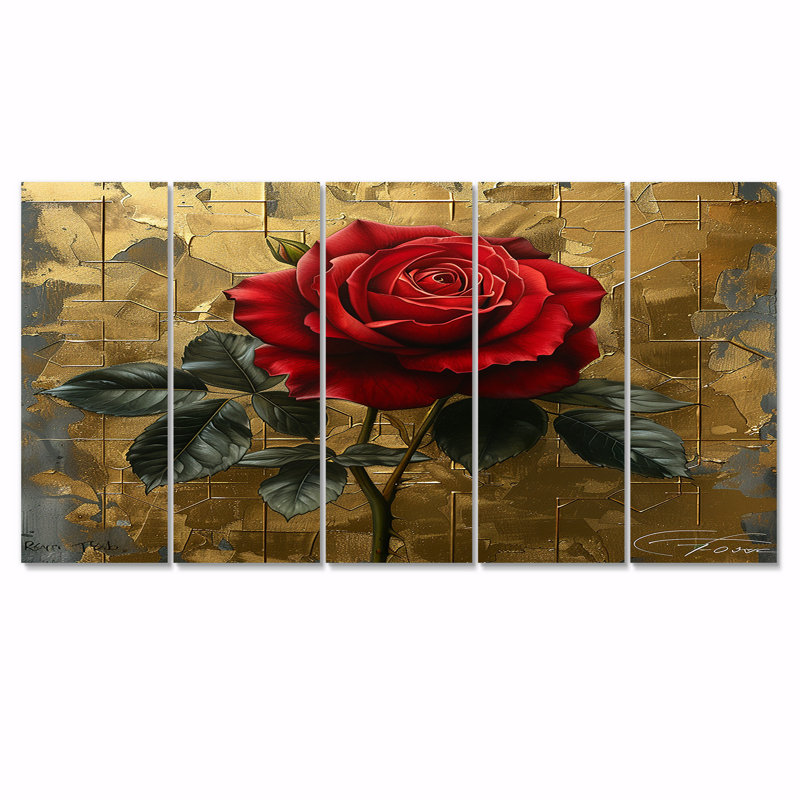 «Red Rose» géométrique rétro or I - rose, art mural 5 pièces, H 32 po x l 80 po