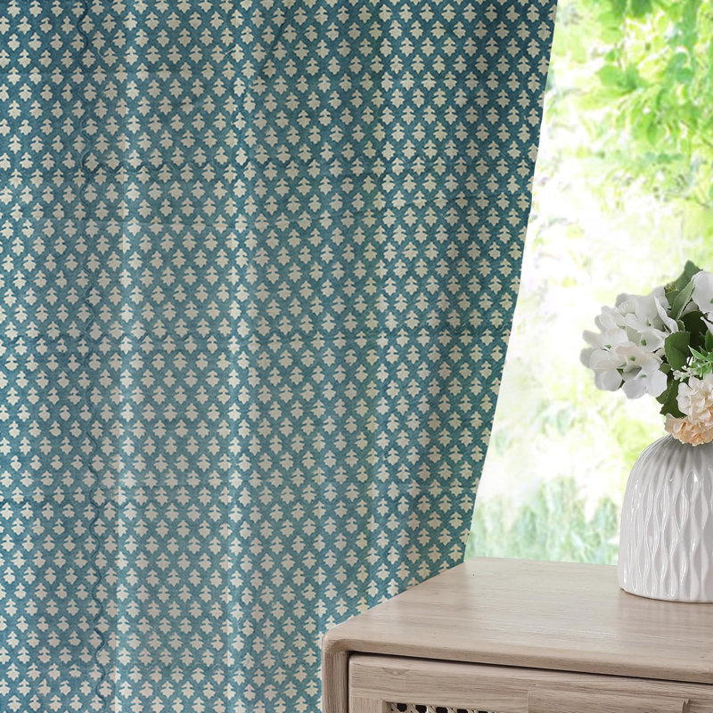 Fabdivine Handmade Block Print Floral Light Blue 2 Panel Set, Soft or Boho Pure Linen Pinch Pleated Curtains Perfect for Kitchen and Window Door 27x96 Inches Farmhouse 100% Blackout, Pinkcity