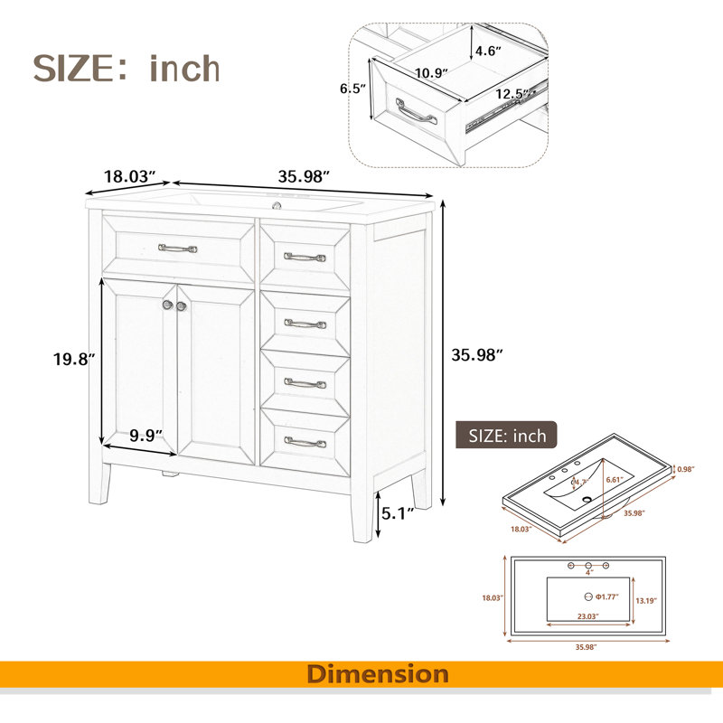 Ensemble de meuble-lavabo 36 po avec lavabo, armoire de salle de bain bleue avec tiroirs, structure solide et panneau de fibres à densité moyenne