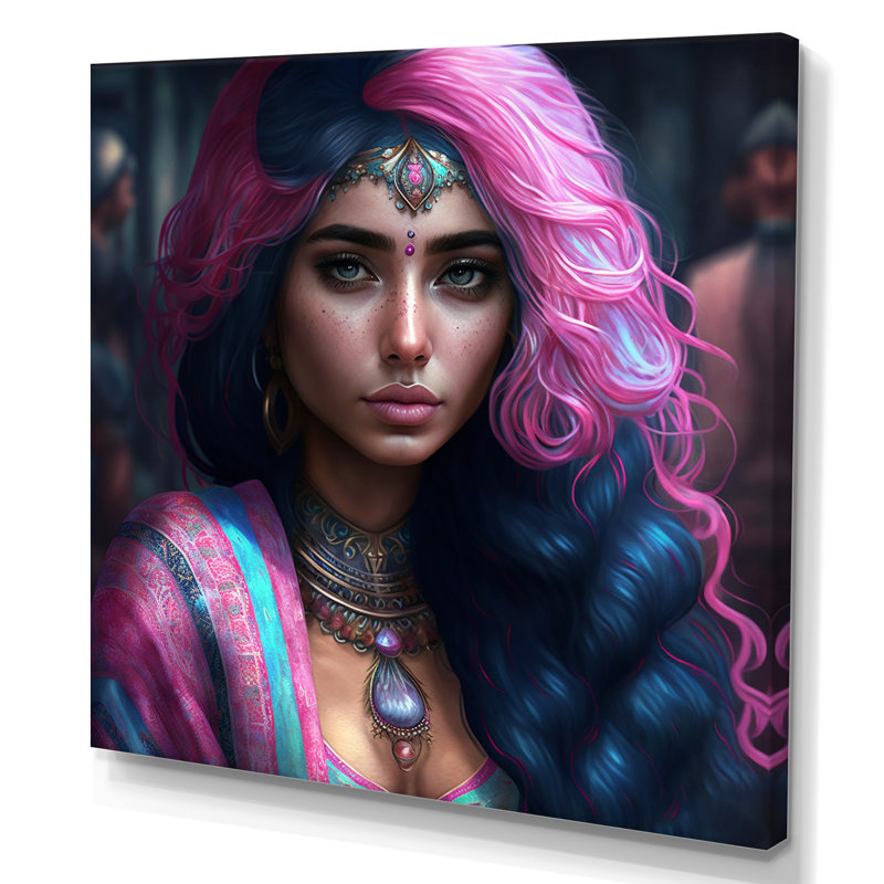«Fashion Indian Woman» en rose et bleu IV - reproduction sur toile, H 30 po x l 30 po x P 1 po, Toile tendue