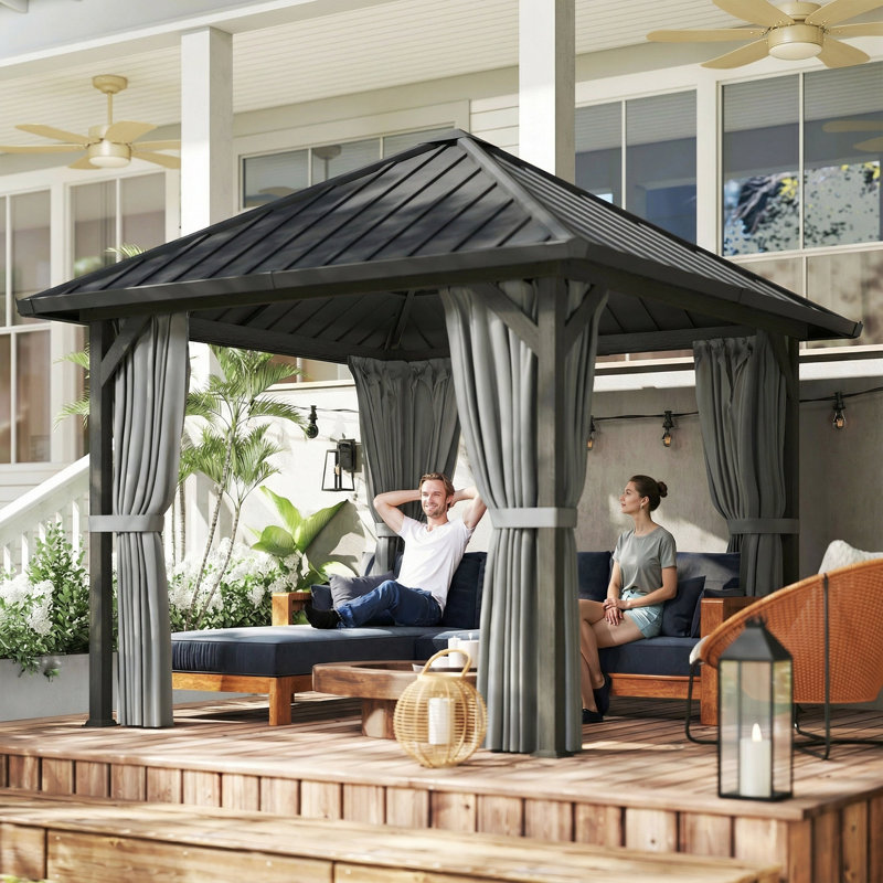 Pavillon de jardin à toit rigide 10 pi x 10 pi avec toit en acier, filet et rideaux