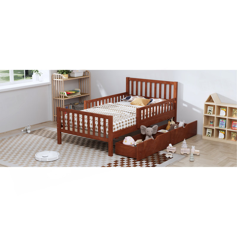 Lit plateforme en bois de taille avec garde-corps des deux côtés et deux tiroirs de rangement, , Lit simple