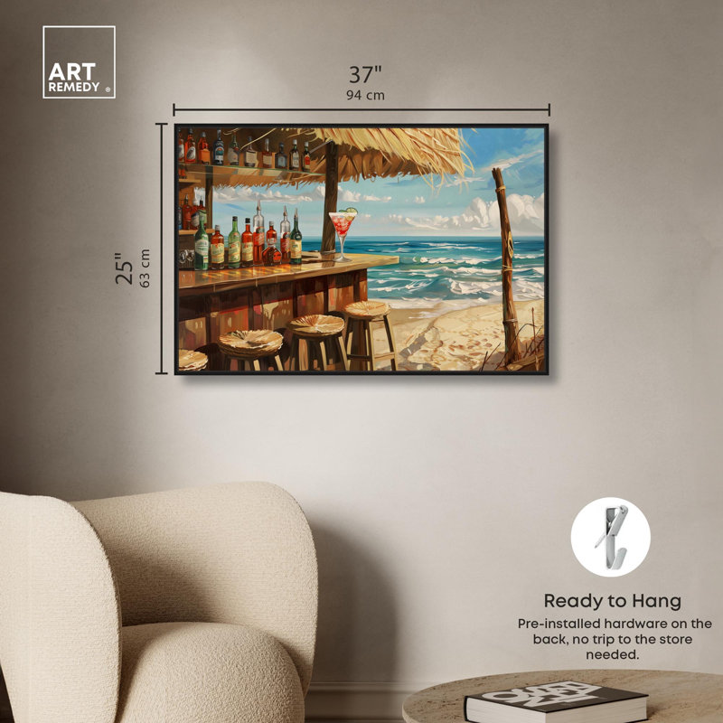 "Drinks at the Beach" Glam Coastal Art par , H 25 po x l 37 po, Cadre flottant noir