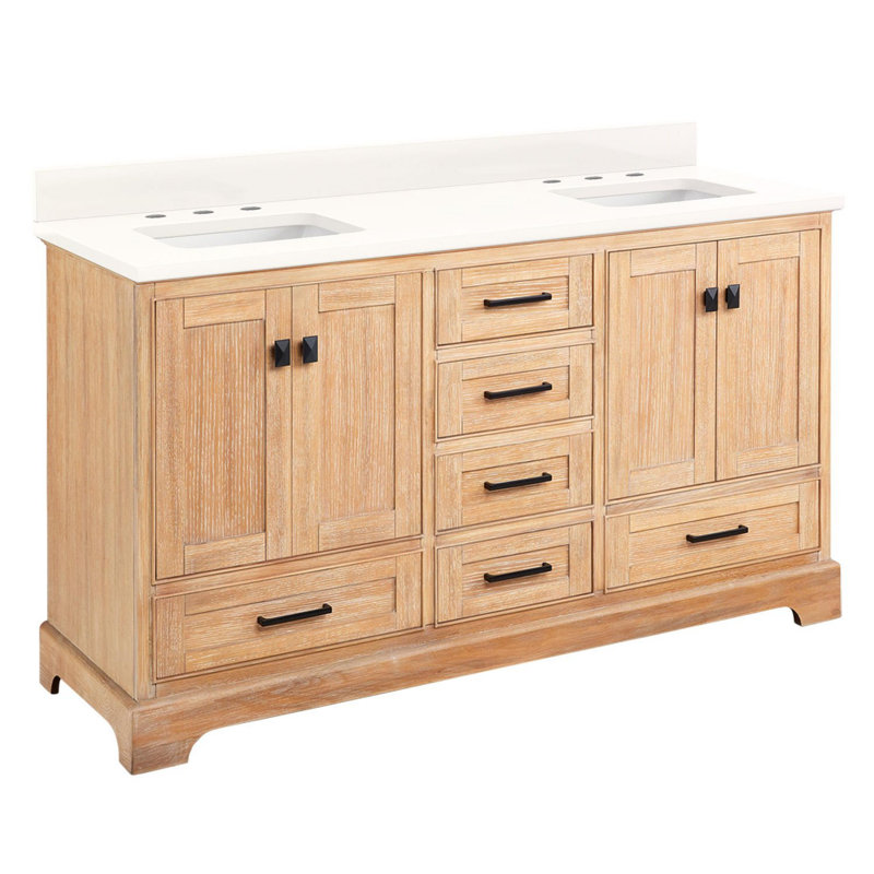Quen 60" Freestanding Double Basin Vanity Set with Cabinet, Vanity Topss, Driftwood Brown, Arctic White Quartz, 8" Widespread